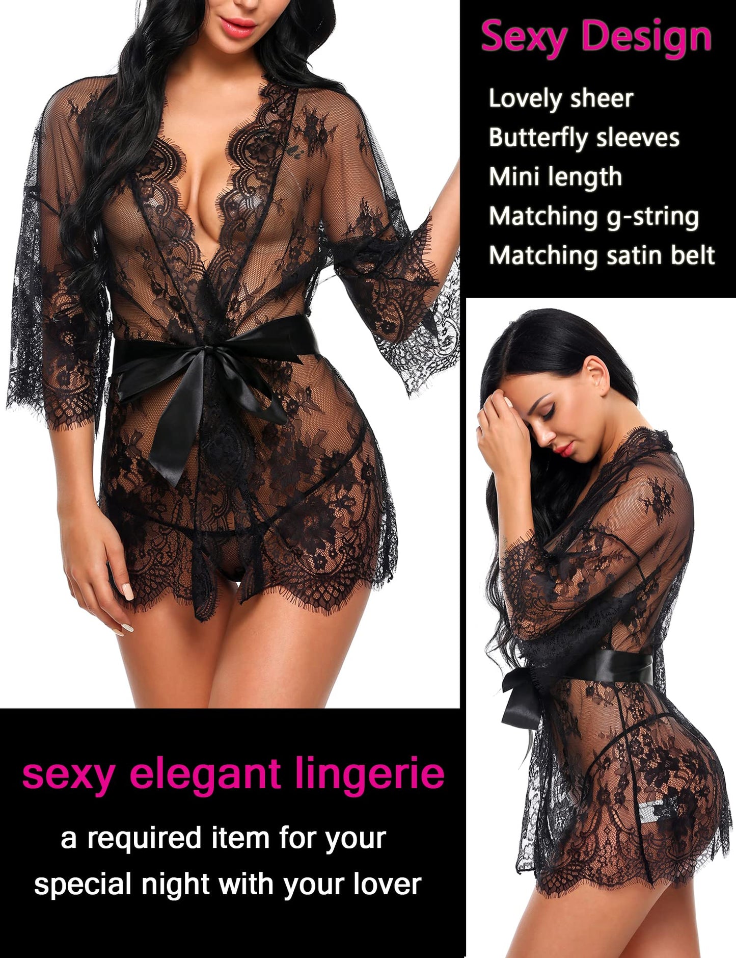 Avidlove lace robe Women's Lace Kimono Robe Babydoll Lingerie Mesh Nightgown Black L