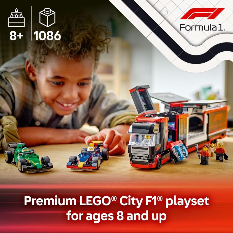 LEGO City F1 Truck & RB20 AMR24 Car Set - Building Toy for Kids Ages 8+ | Formula 1 Collectible Gift