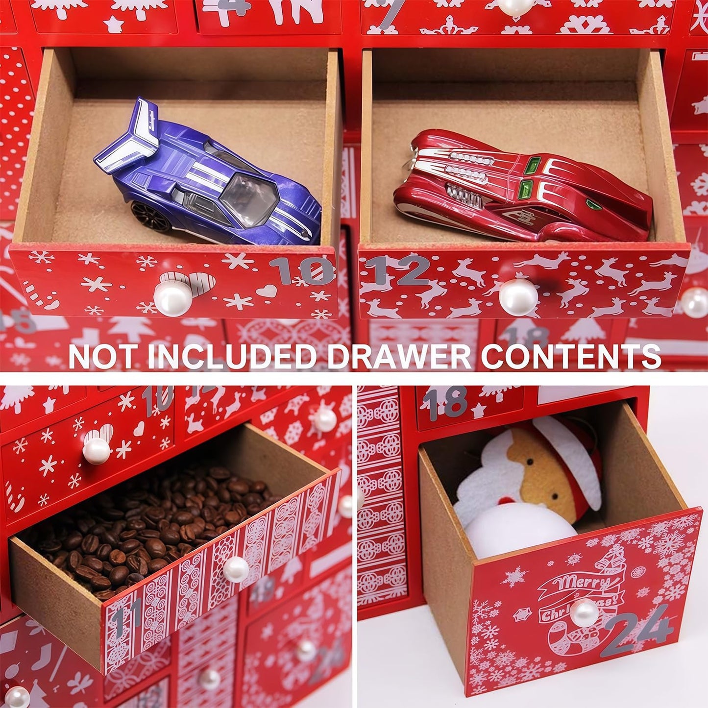 Juegoal Red Advent Calendar with 24 Drawers Countdown to Christmas, Refillable Wooden Advent, Christmas Gift for Children, 15 Inches Tall