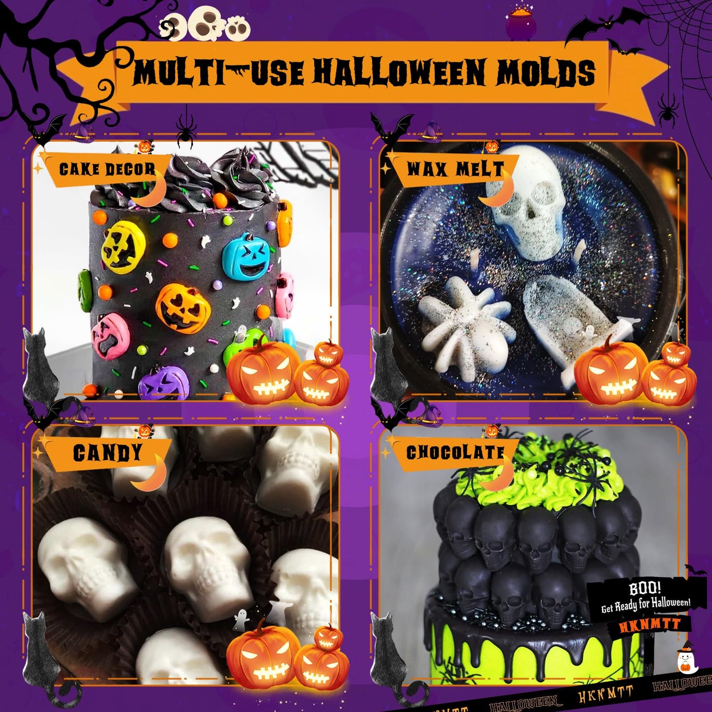 Halloween Molds Silicone for Chocolate 2 Pack, 3D Halloween Chocolate Candy Gummy Mold Skull Pumpkin Bat Ghost Witch Hat Spider tombstone Shapes Mold