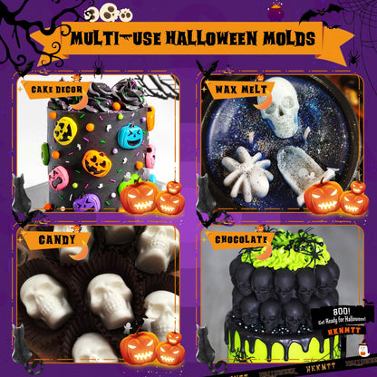 Halloween Molds Silicone for Chocolate 2 Pack, 3D Halloween Chocolate Candy Gummy Mold Skull Pumpkin Bat Ghost Witch Hat Spider tombstone Shapes Mold
