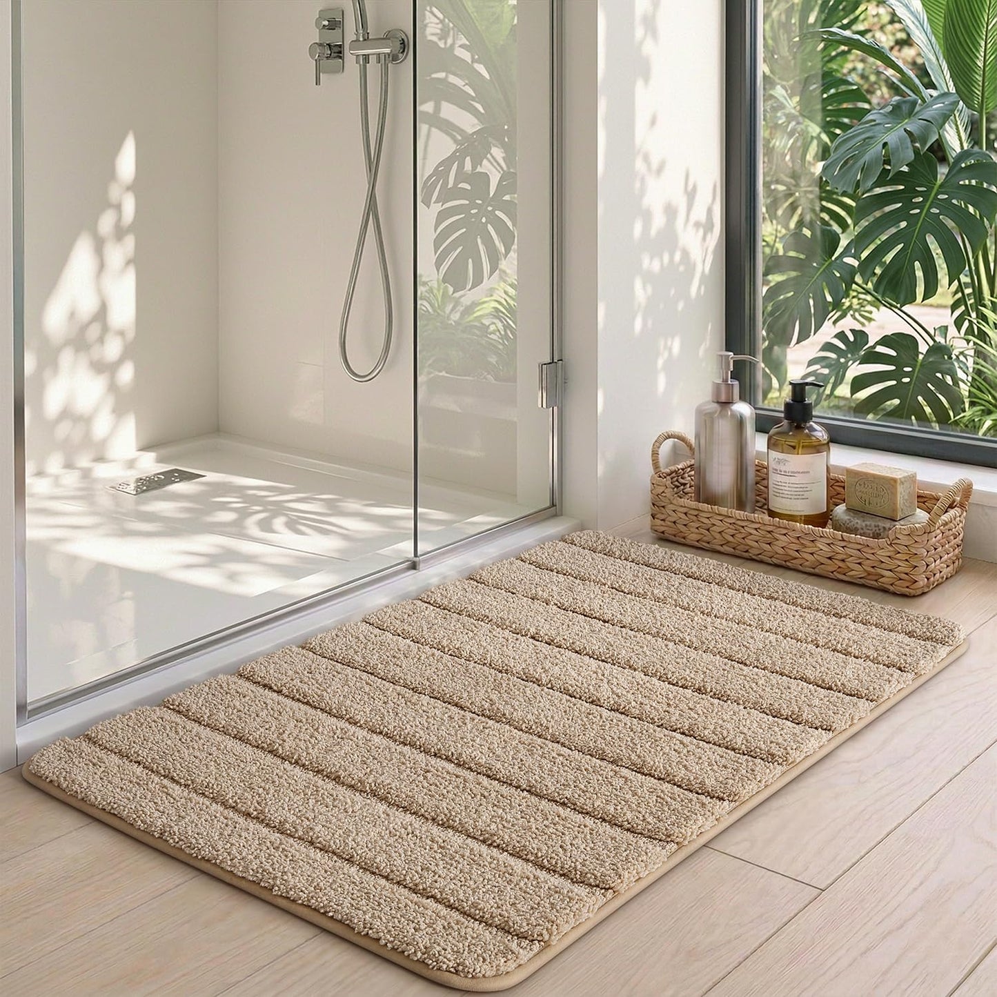 DEXI Bathroom Rugs 30x17, Machine Washable Non Slip Bath Mat, Soft Microfiber Absorbent Quick Dry Bath Rugs for Shower Floor, Sink, Tub, Beige