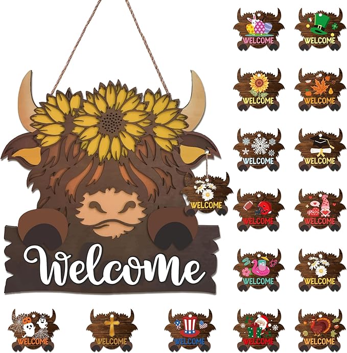 Highland Cow Front Door Decorations - Interchangeable Welcome Sign for Front Door with 15 Set Changeable Icons for Seasons Holiday Thanksgiving Christmas Door Decor