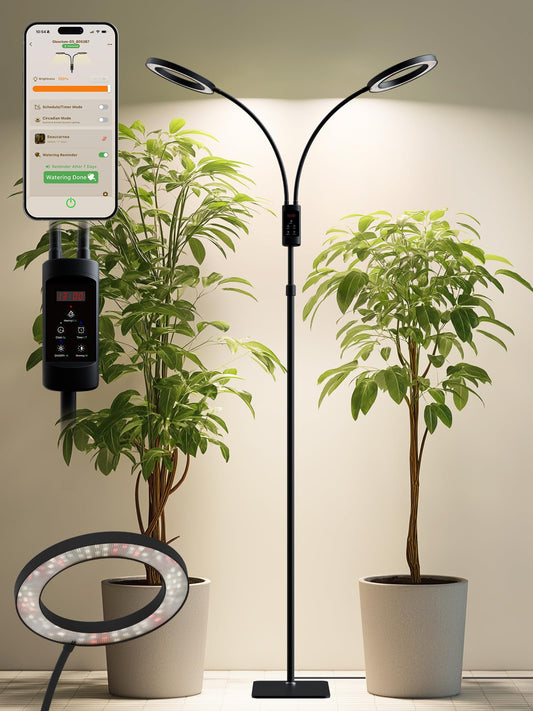 Smart Grow Lights for Indoor Plants, Plant Light with Auto-Timer, Full Spectrum LED Grow Light, Adjustable Height & Stepless Dimming,Plant Assistant Suitable for Most Plants (Black, Dual Heads)