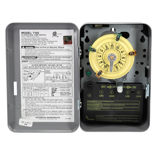Intermatic T103 24-Hour Mechanical Timer Switch - 120V DPST, Indoor Metal Enclosure, Heavy-Duty Programmable Time Switch - 40A Load Control for Pumps, Lighting, HVAC, and Fans