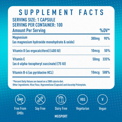 Magnesium Supplement Complex MGSPORT - High Absorption with Vitamins B6, D, E - Relieves Leg Cramps, Muscle Support & tensed Muscles 100 Servings