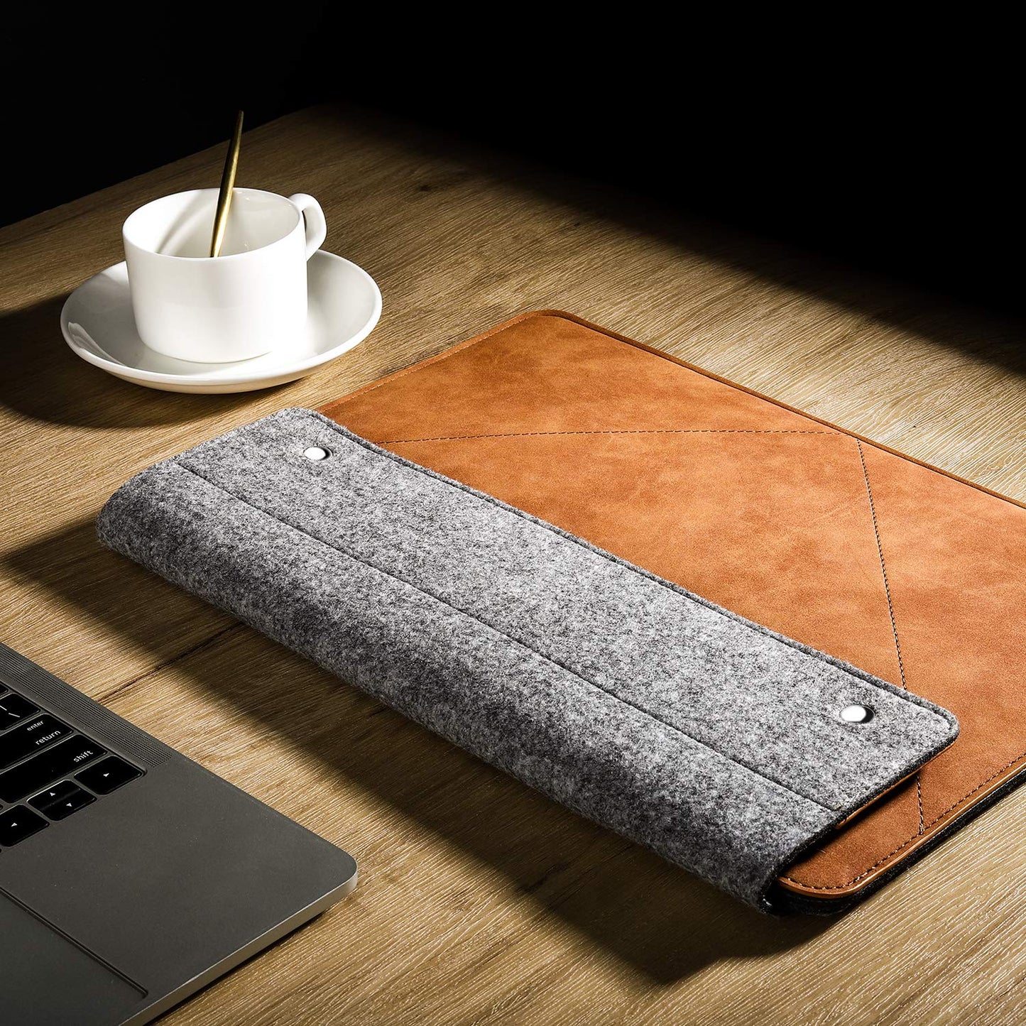 MoKo 13-13.3 Inch Laptop Sleeve Fits Macbook Pro M1 Pro/M1 Max 14.2 2021, iPad Pro 12.9 2021, Surface Pro 9, Felt & PU Leather Case Bag with Pocket, Gray&Brown