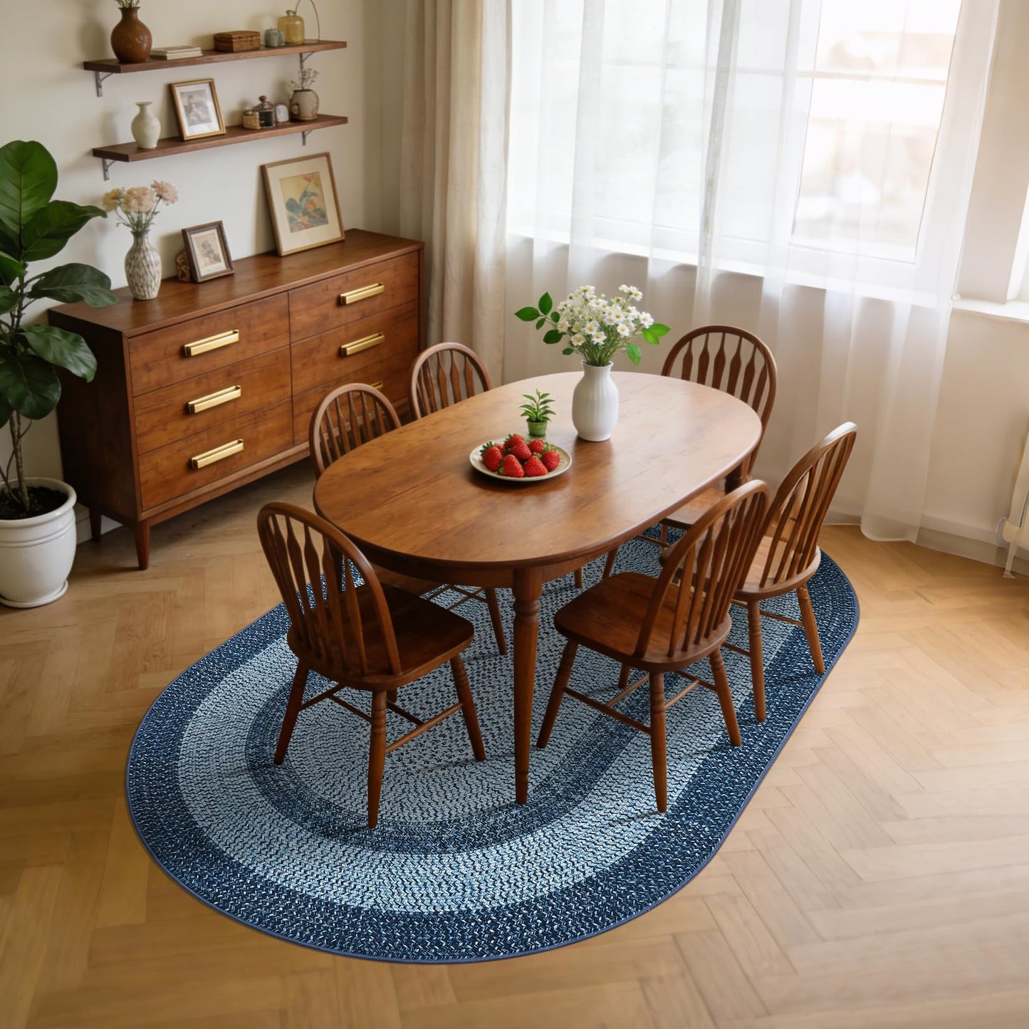 5x8 Oval Living Room Area Rug Washable Modern Border Bedroom Bedside Area Rugs Non Slip Low Pile Dining Room Oval Throw Carpet Contemporary Rugs for Living Room Kitchen Nursery, Blue