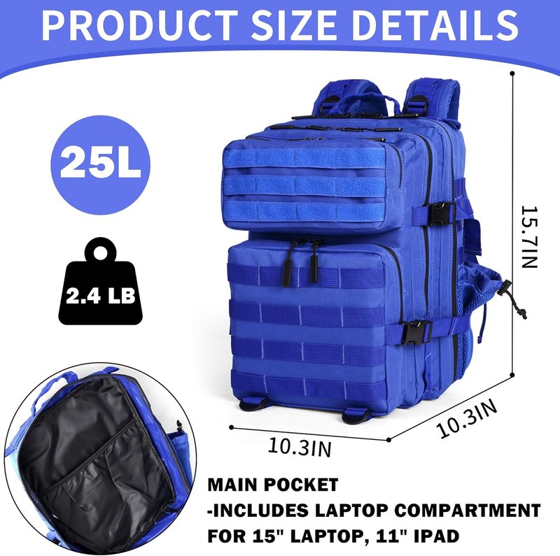 Tactical Backpack - 25L Military Molle Rucksack for Men & Women | Heavy Duty Klein Blue Daypack