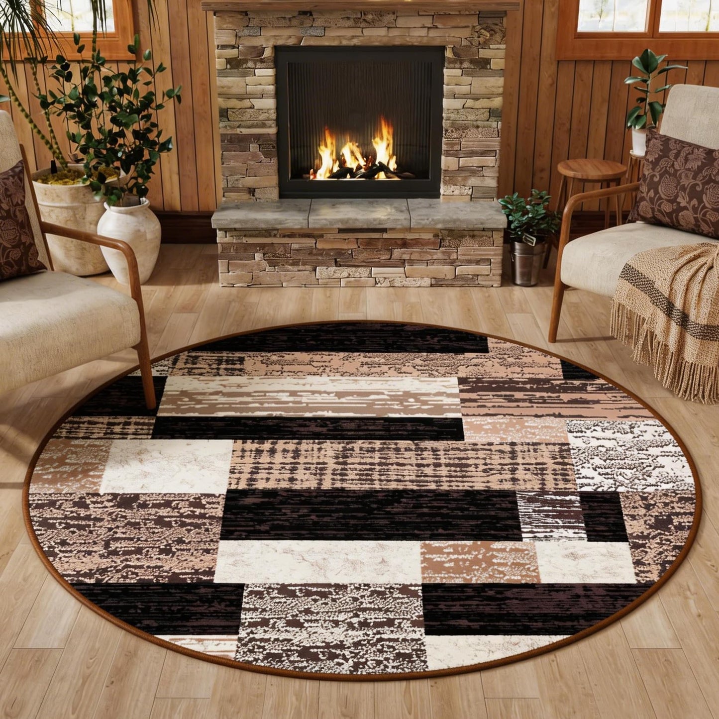 FlyDOIT Modern Round Area Rug for Living Room, 4Ft Washable Round Rug Chocolate Geometric Patchwork Circle Rugs for Dining Room Table, Small Circular Floor Carpet for Bedroom Home Office