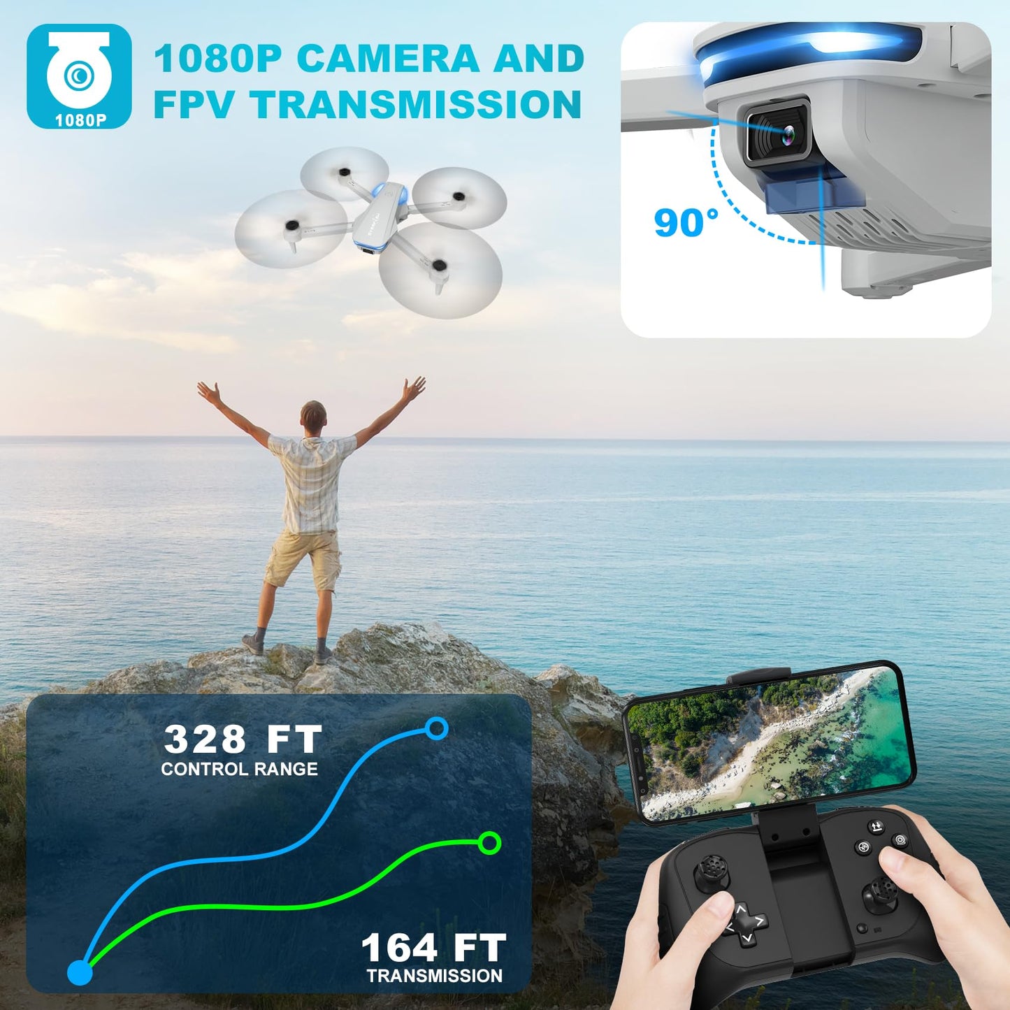 Drone with 1080P Camera for Beginners and Adults, Foldable Remote Control Quadcopter with Voice Control, Gestures Selfie, Altitude Hold, One Key Start, 3D Flips, 2 Batteries, Not water-proof, Toy for Beginners