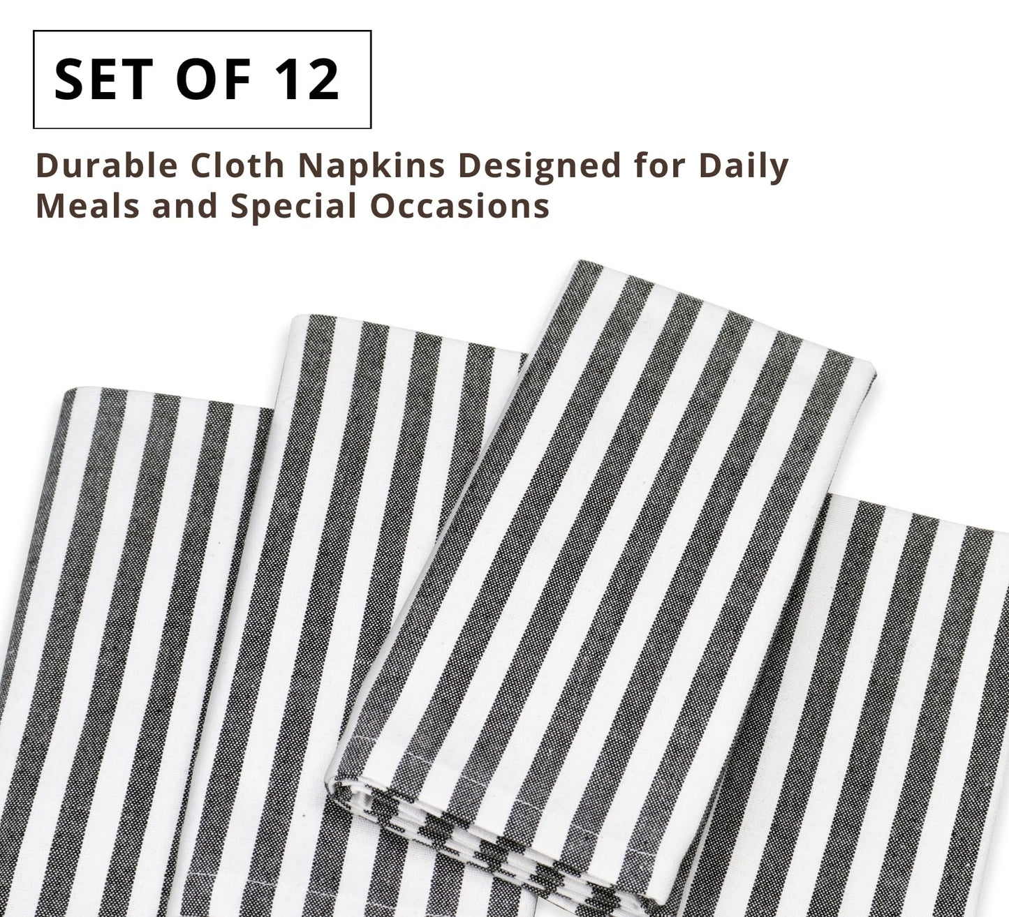 PurpleEssences Plain Striped Cloth Napkins - Set of 12-100% Cotton - 18 x 18 Inch - Fall Thanksgiving Halloween - Perfect Everyday Use Dinner Napkin - Black and White