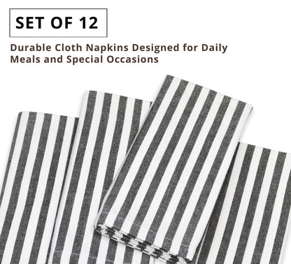 PurpleEssences Plain Striped Cloth Napkins - Set of 12-100% Cotton - 18 x 18 Inch - Fall Thanksgiving Halloween - Perfect Everyday Use Dinner Napkin - Black and White