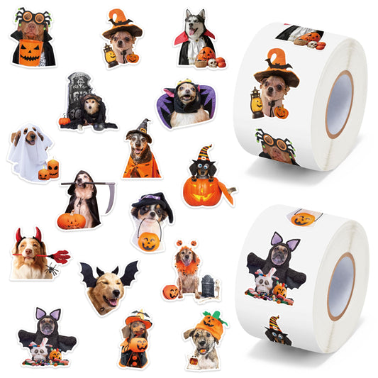 H1vojoxo Halloween Dog Stickers Roll - 1000PCS Halloween Dog Dress Up Stickers in 2 Rolls 16 Designs Pumpkin Dogs Self-Adhesive Sticker for Kids Craft Envelope Water Bottle Scrapbook Party Supplies