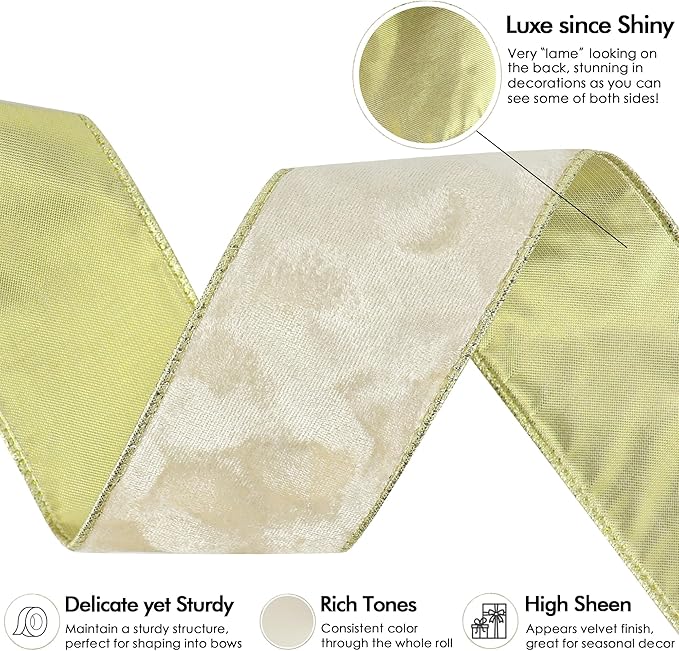 MEEDEE Ivory Velvet Ribbon with Gold Back 2.5 inch 10 Yards Double Sided Christmas Wired Ribbon for Christmas Tree Decoration, Baskets, Wreaths, Holiday Projects, Wedding Decor and Accents