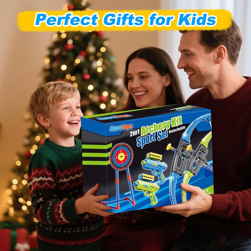AuroTops 2 in 1 Pack Bow and Arrow Set for Kids 6 Year Old Boy Gifts Boy Toys Age 6-8,Archery Set with Lights Sport Shooting Games for Kids 5-12 Year Old Birthday Gifts Indoor Outdoor