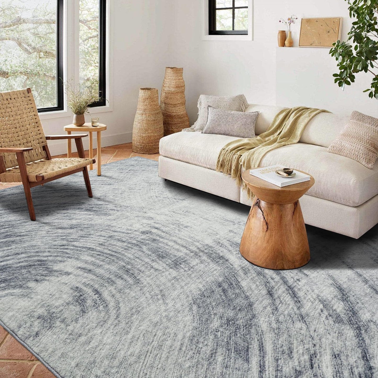 Mueinxiei Morden Washable Thin Area Rugs 7x9 Abstract Neutral Color Light Grey Rugs Non Slip Water Repellent Low Pile Carpet for Living Room Bedroom Office Dining Room Cloud Shadow