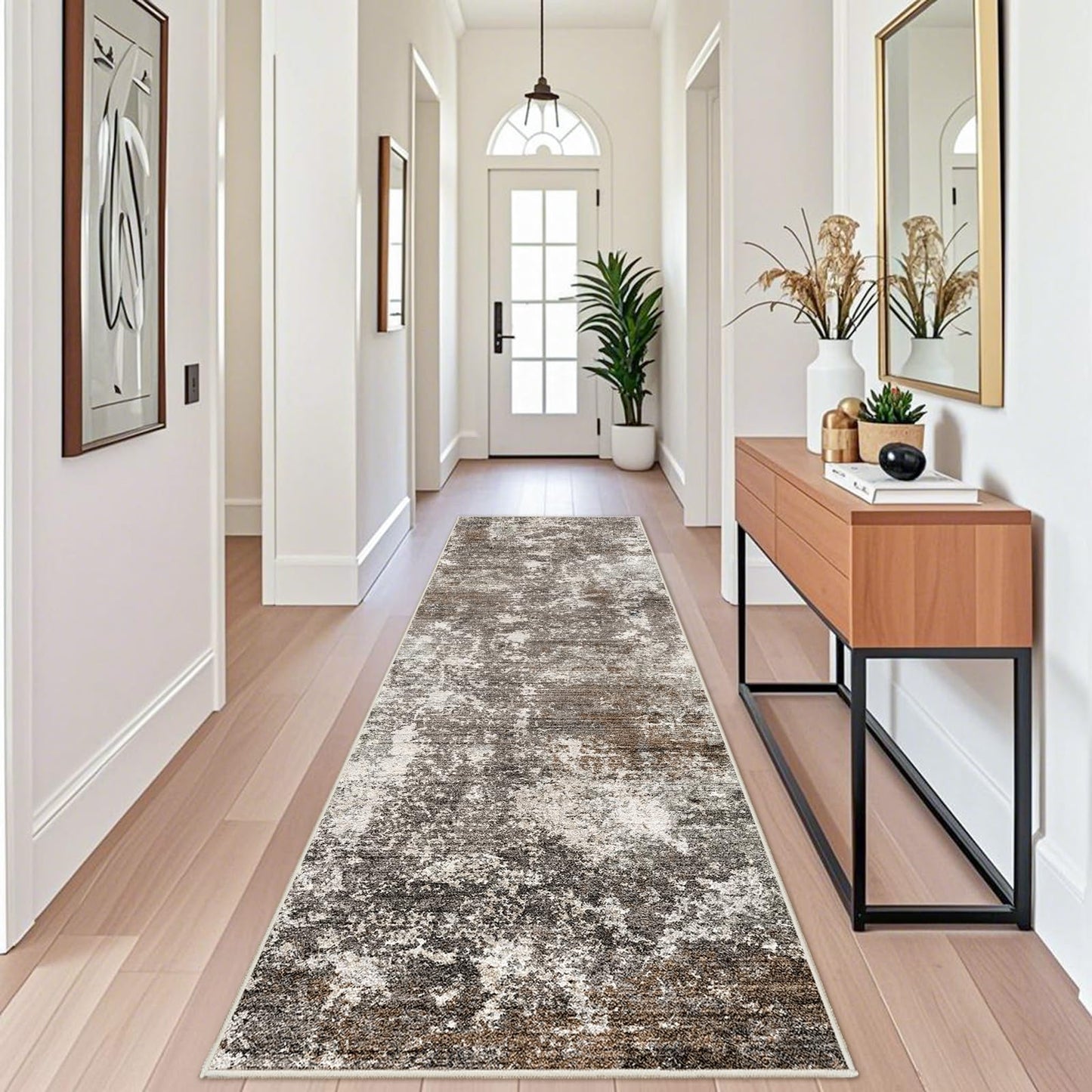 3x10 ft Long Hallway Runner Rug – Non-Slip Washable Kitchen Floor Rug with Rubber Backing, Modern Low Pile Thin Wide Carpet Runners for Bedroom, Entryway Indoor (Brown Beige,3x10)