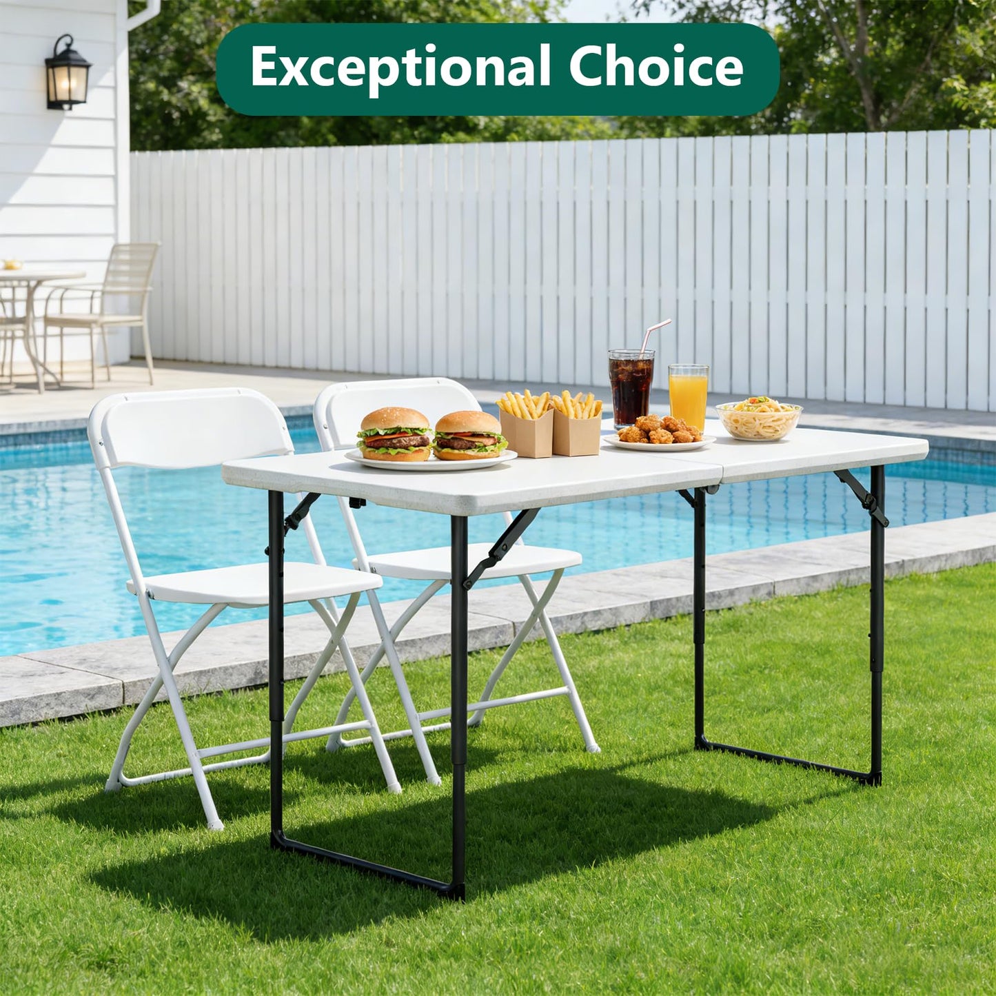 MAKE CHANGES Folding Table 4ft - Heavy Duty Fold-in-Half Plastic Table with Adjustable Height, Portable Utility Tables with Steel Legs for Indoor, Outdoor, Picnic, Camping, Dining, Party (White)