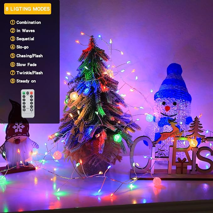 Copper Wire Firecracker Christmas Lights, 26FT 400LED Plug-in Twinkle Cluster Fairy Lights for Christmas Tree with Remote for Bedroom Dorm Wreath DIY Wedding Christmas Decoration