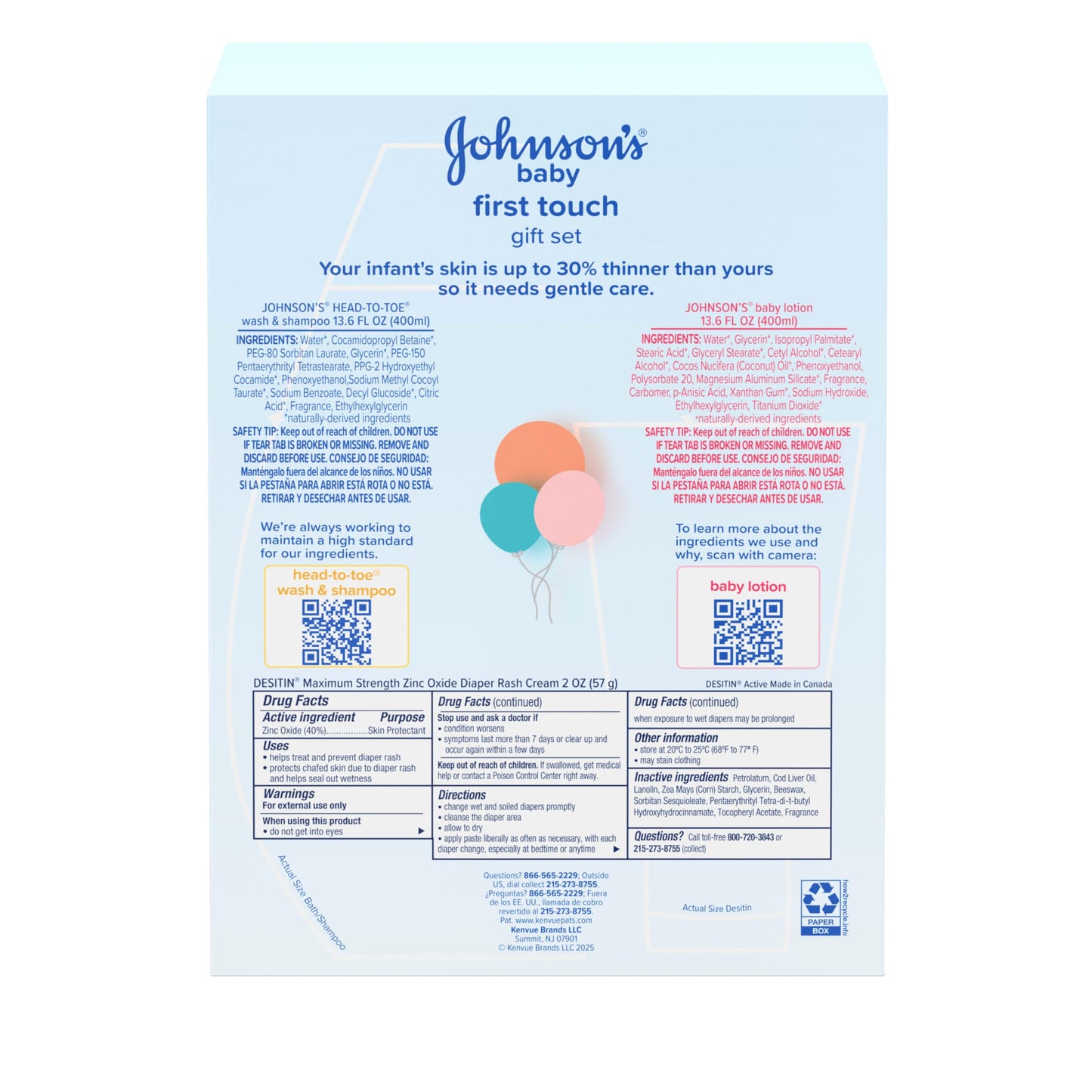 Johnson's First Touch Baby Gift Set, Baby Bath, Skin & Hair Essential Products, Kit for New Parents with Wash & Shampoo, Lotion, & Diaper Rash Cream, Hypoallergenic & Paraben-Free, 4 items