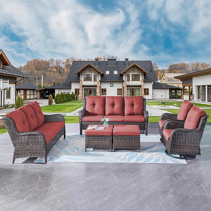 Rilyson Wicker Patio Furniture Set - 6 Piece Rattan Outdoor Sectional Conversation Sets with 2 Rocking Swivel Chairs,2 Ottomans and 2 Sofa for Porch Deck Garden(Brown/Red)