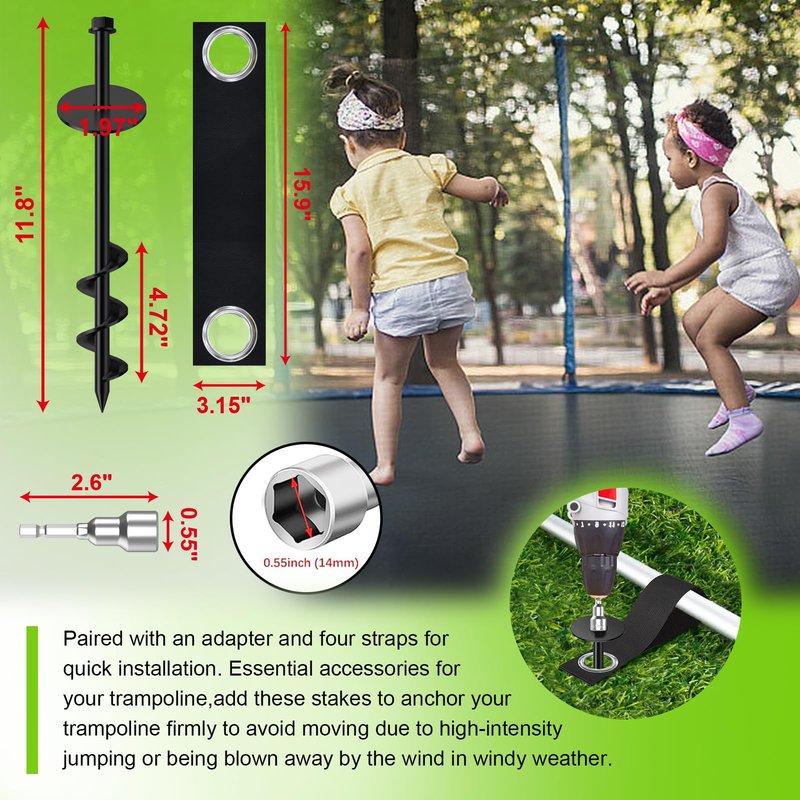Eurmax USA 4 Pack Universal Ground Anchors High Wind, Heavy Duty Screw-in Trampoline Stakes with 4 Straps, Upgraded Commercial Anchor Kit for Outdoor Sheds, Swing Sets & Mobile Homes (Black)