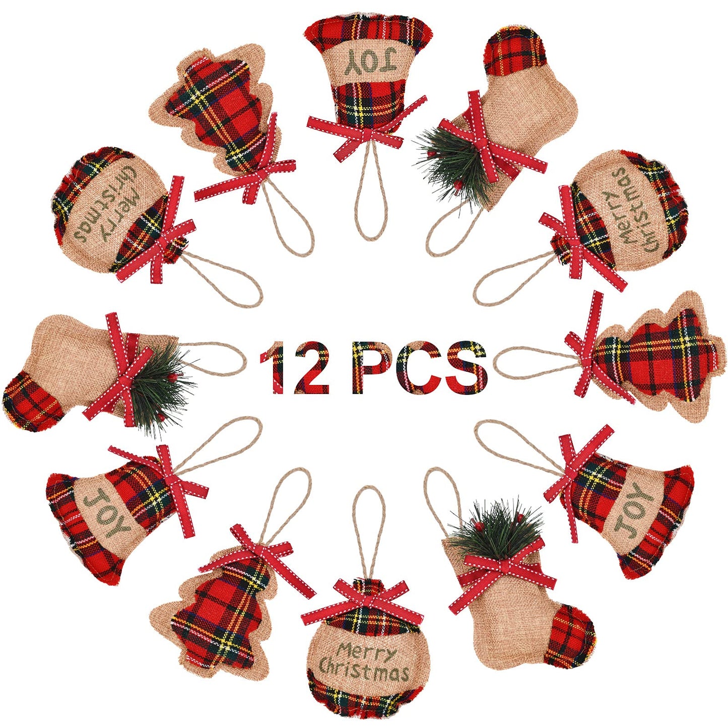 Jetec 20 Pieces Buffalo Plaid Christmas Ornaments Rustic Tartan Burlap Farmhouse Christmas Tree Decors Red Black Buffalo Xmas Tree Ball Plaid Stocking Bell Shaped Hanging Ornaments for Xmas Party
