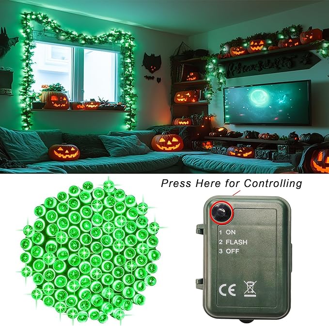 Green Halloween String Lights Battery Powered, 2 Pack Total 33 FT 100 LED Christmas String Lights for Indoor Outdoor Decoration, Twinkle Fairy Light for Party Room Xmas Tree