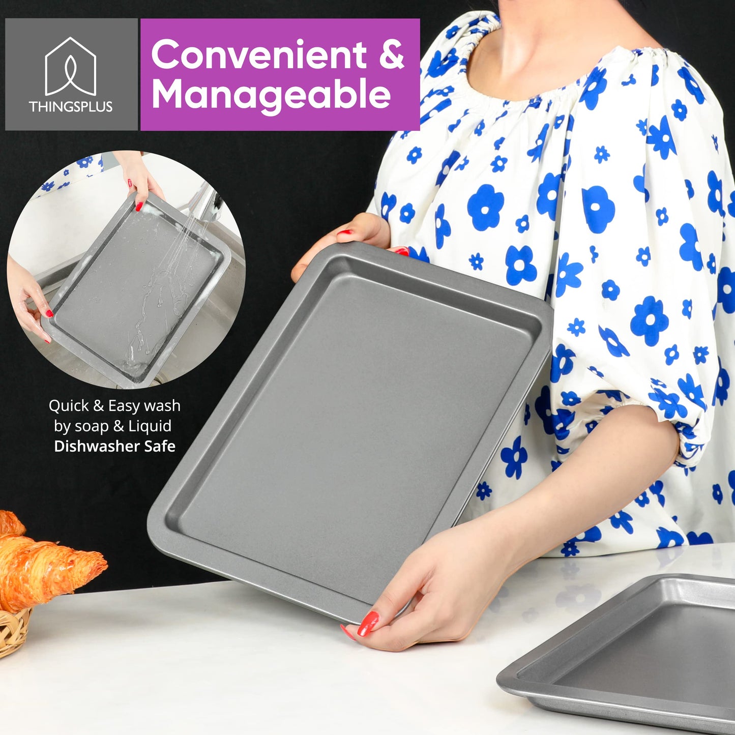 ThingsPlus Set of 2 Baking Trays for Oven Non Stick, Premium Carbon Steel Oven Trays Non Stick with Teflon Coating, Durable & Easy-Clean NonStick Baking Tray Set for Cookies & Savories (32x22x2cm)