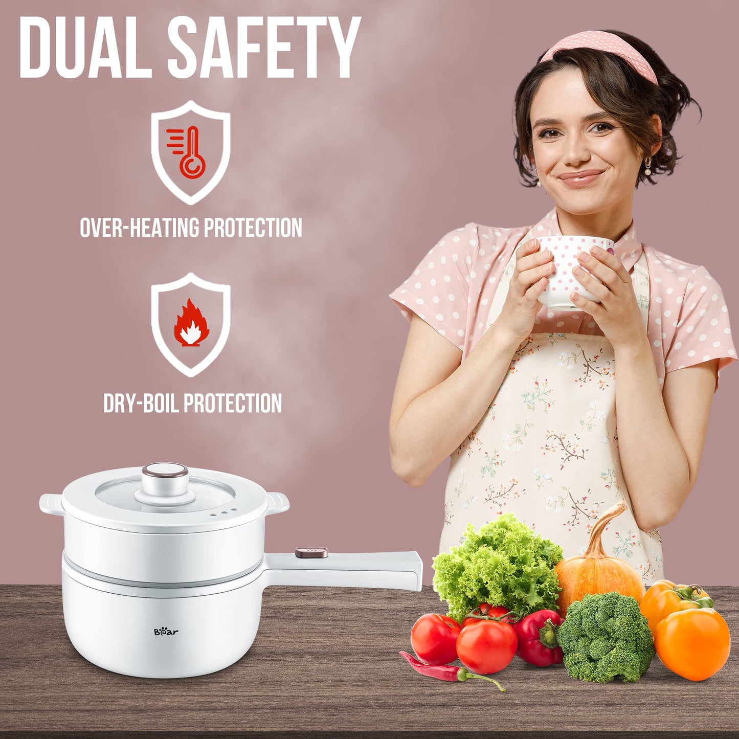 Bear Hot Pot Electric with Steamer, 1.6L Rapid Noodles Cooker, Mini Pot, Non-Stick Frying Pan for Steak, Ramen, Egg, Oatmeal, Soup with Power Adjustable