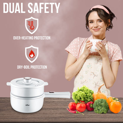 Bear Hot Pot Electric with Steamer, 1.6L Rapid Noodles Cooker, Mini Pot, Non-Stick Frying Pan for Steak, Ramen, Egg, Oatmeal, Soup with Power Adjustable