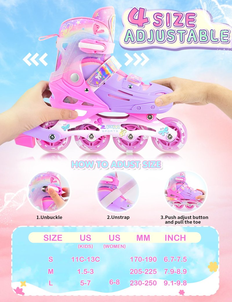 2PM SPORTS Kids Inline Skates Girls Ages 5-8 8-12 4-6 6-12 10-14 with Light Up Wheels, Adjustable Kids Blades Roller Skates for Girls Beginner Youth Outdoor Size 11C 1 2 3 4 5 6 7 8 Pink Butterfly