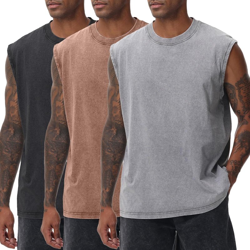 SnowElve 3 Pack Mens Workout Tank Tops Sleeveless Tee Shirts Men Muscle Shirt Gym Acid Wash T Shirts Running Beach Loose Fit Tee(CFGYBK,3XL)