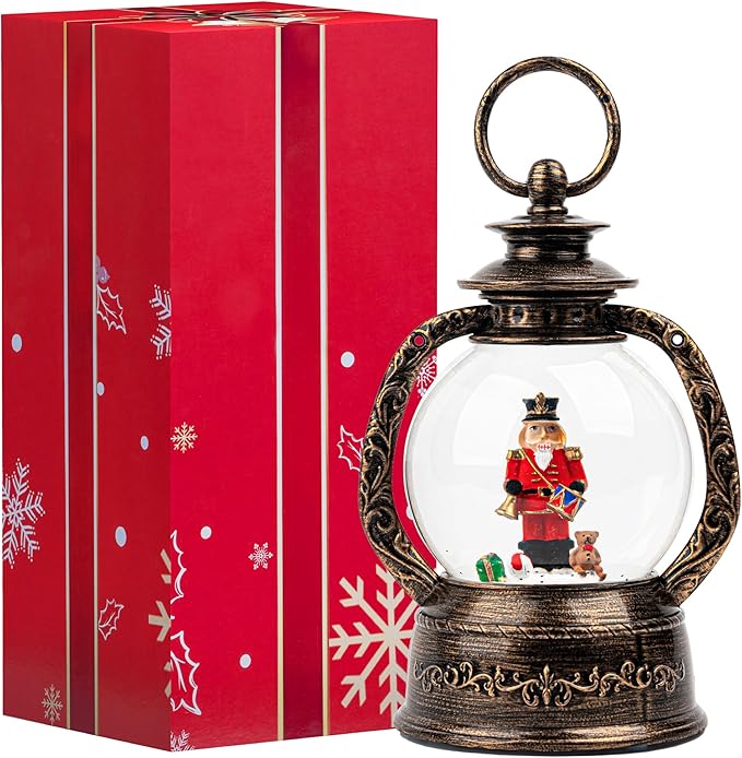 Christmas Snow Globe Lantern Water Glittering Nutcracker with Music & Timer, USB Lined/Battery Operated Lighted Lantern for Christmas Festival Decoration Gifts