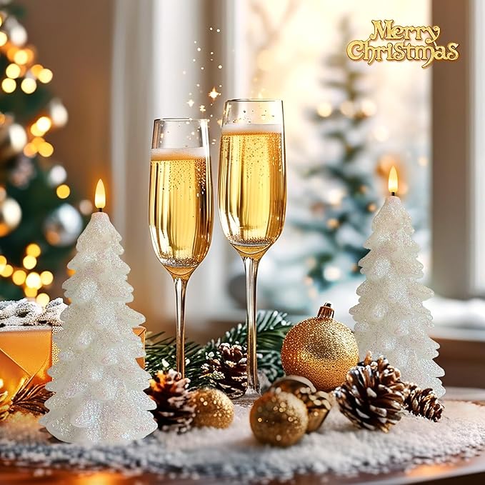 Christmas Tree Shaped Flickering Flameless Candles, Glittering White Real Wax Battery Operated LED Candles with Timer for Christmas Home Party Decoration Set of 2