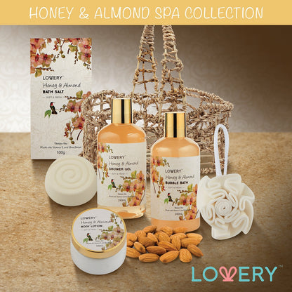 Christmas Gift Baskets for Women Gifts for Women Who Have Everything, Home Spa Honey & Almond Scent, Luxury Bath & Body Set - Shower Gel, Bubble Bath, Body Lotion, Salts, Bath Bomb, Bath Puff.