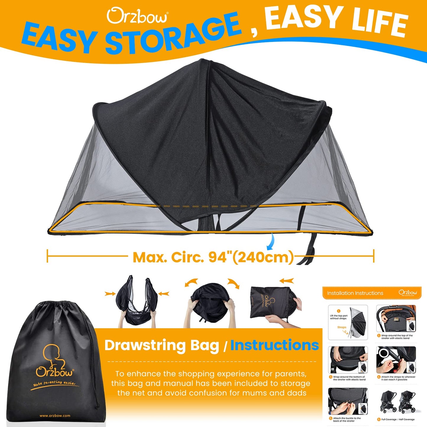 Orzbow Universal Mosquito Net for Pram, Breathable Pram Sun Shade w/UPF 50+, Pram Mosquito Net w/Blackout Cover, Two Way Zipper for Easy Access (Black)