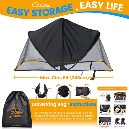 Orzbow Universal Mosquito Net for Pram, Breathable Pram Sun Shade w/UPF 50+, Pram Mosquito Net w/Blackout Cover, Two Way Zipper for Easy Access (Black)