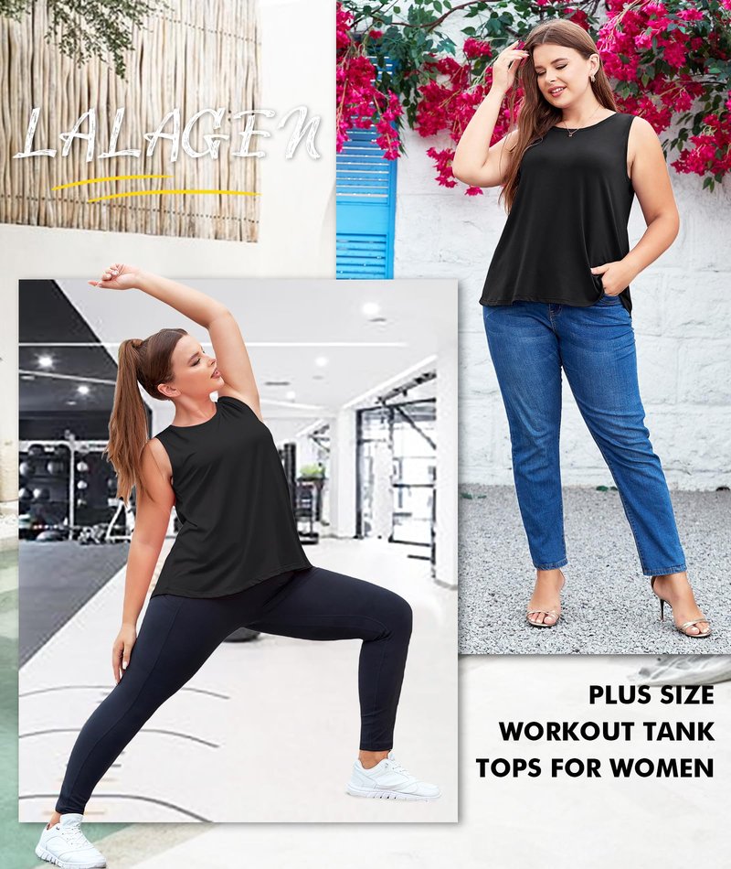 LALAGEN Plus Size Womens Workout Tank Tops Sleeveless Summer Loose Fit Flowy Yoga Athletic Running Shirts Black XL