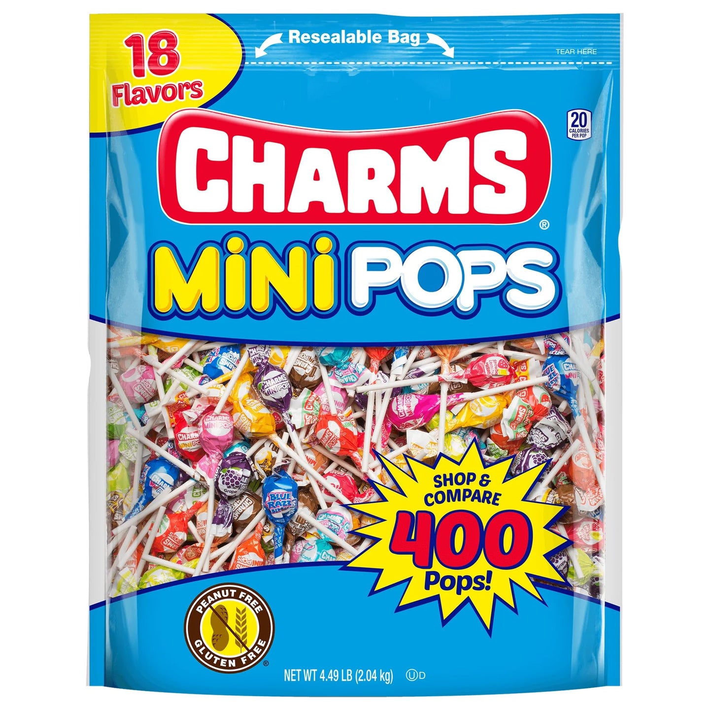 Tootsie Roll Charms Mini Pops - 4.5 lb Bag of Individually Wrapped Fruity Hard Candy Lollipops in 18 Fun Flavors - Peanut and Gluten Free, 400 Count, Packaging May Vary