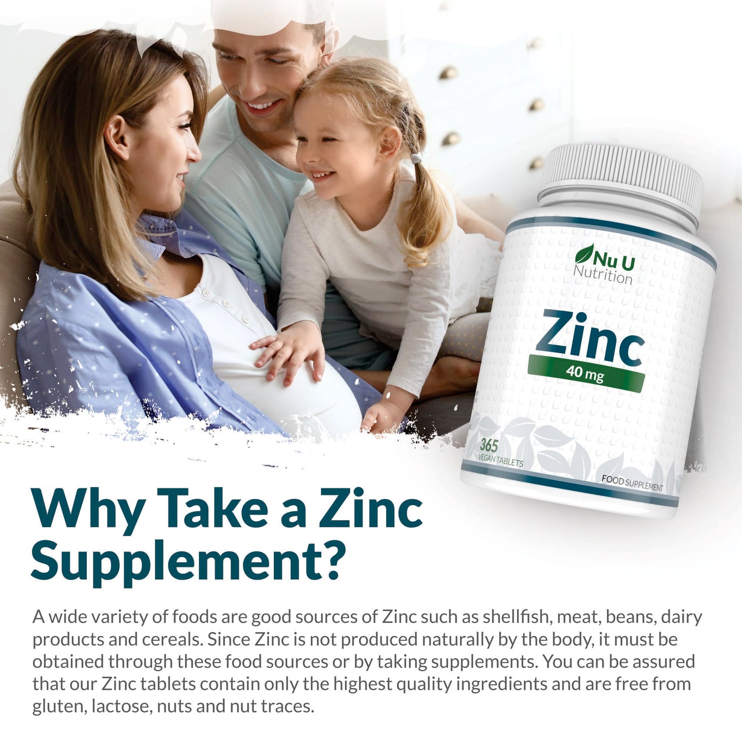 Zinc Tablets 40mg - 365 Vegan Tablets - 1 Year Supply - 1 a Day - Easy to Swallow Zink Gluconate - Supplement for Men & Women - Made in The UK - Nu U Nutrition