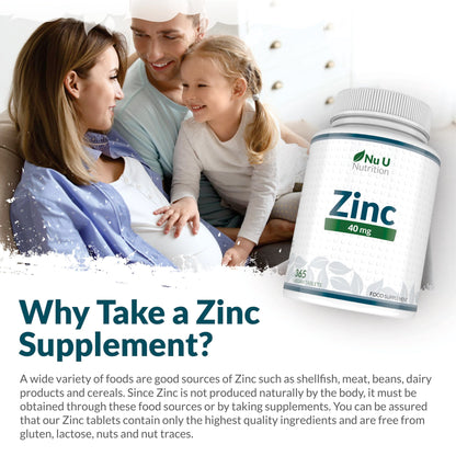 Zinc Tablets 40mg - 365 Vegan Tablets - 1 Year Supply - 1 a Day - Easy to Swallow Zink Gluconate - Supplement for Men & Women - Made in The UK - Nu U Nutrition