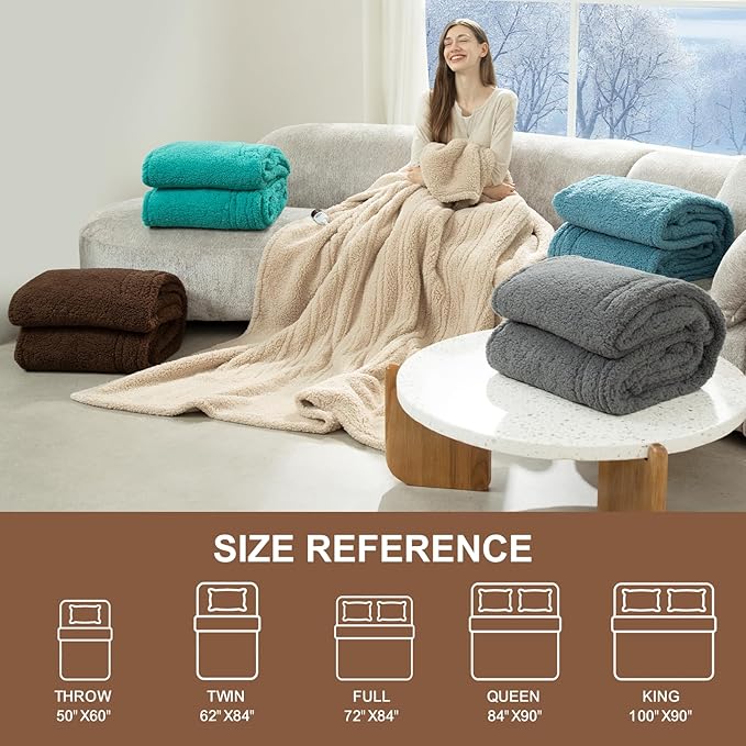 Electric Blanket Twin 62"X84"- Soft Double Sided Sherpa Heated Blanket Twin with 5 Heatings Levels & 10 hrs Auto Shut Off, Fast Heating & ETL Certified, Gift for Women(Brown)