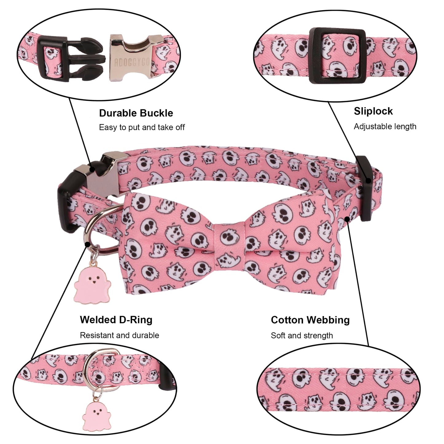 ADOGGYGO Halloween Dog Collar with Bowtie, Pink Ghost Pet Collars with Detachable Bow, Adjustable Pink Halloween Collars for Small Medium Large Dogs (Small)