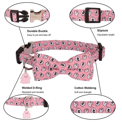 ADOGGYGO Halloween Dog Collar with Bowtie, Pink Ghost Pet Collars with Detachable Bow, Adjustable Pink Halloween Collars for Small Medium Large Dogs (Small)