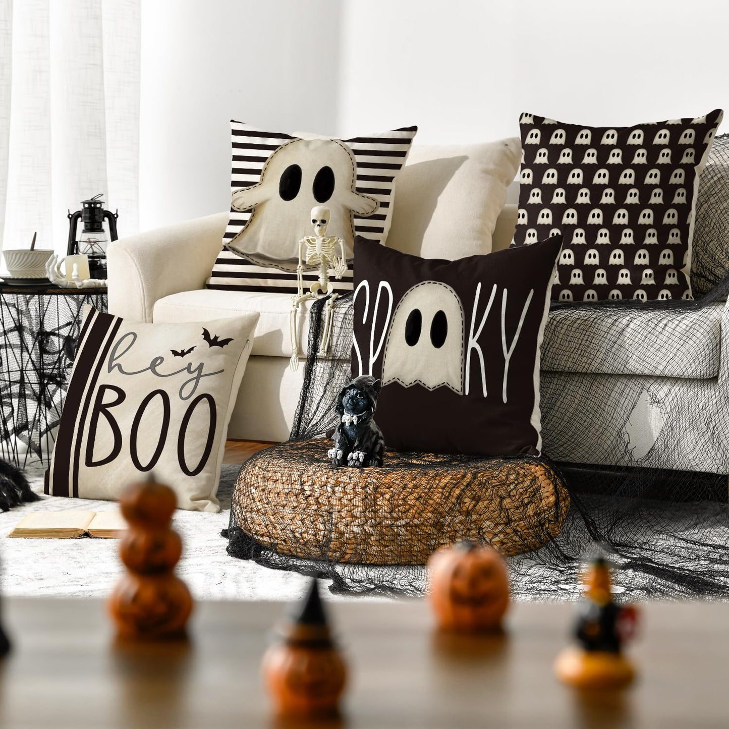 AVOIN colorlife Halloween Hey Boo Cute Ghost Spooky Throw Pillow Covers, 18 x 18 Inch Horror Scary Cushion Case for Sofa Couch Set of 4, Black