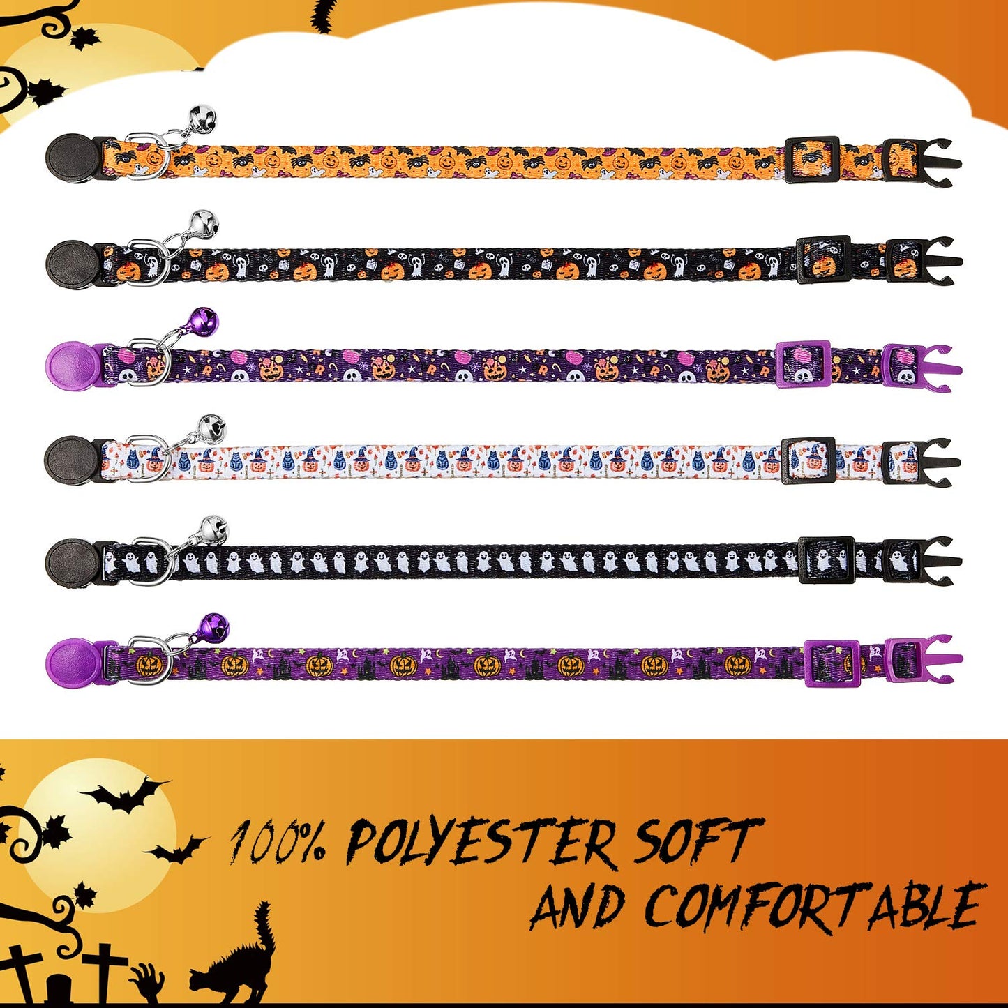 Weewooday 6 Pieces Halloween Cat Collar, Breakaway Cat Collars with Bell, Safety Buckle Soft Adjustable Pet Collar with Skull Pumpkin Patterns for Kitten Kitty Halloween Christmas Party