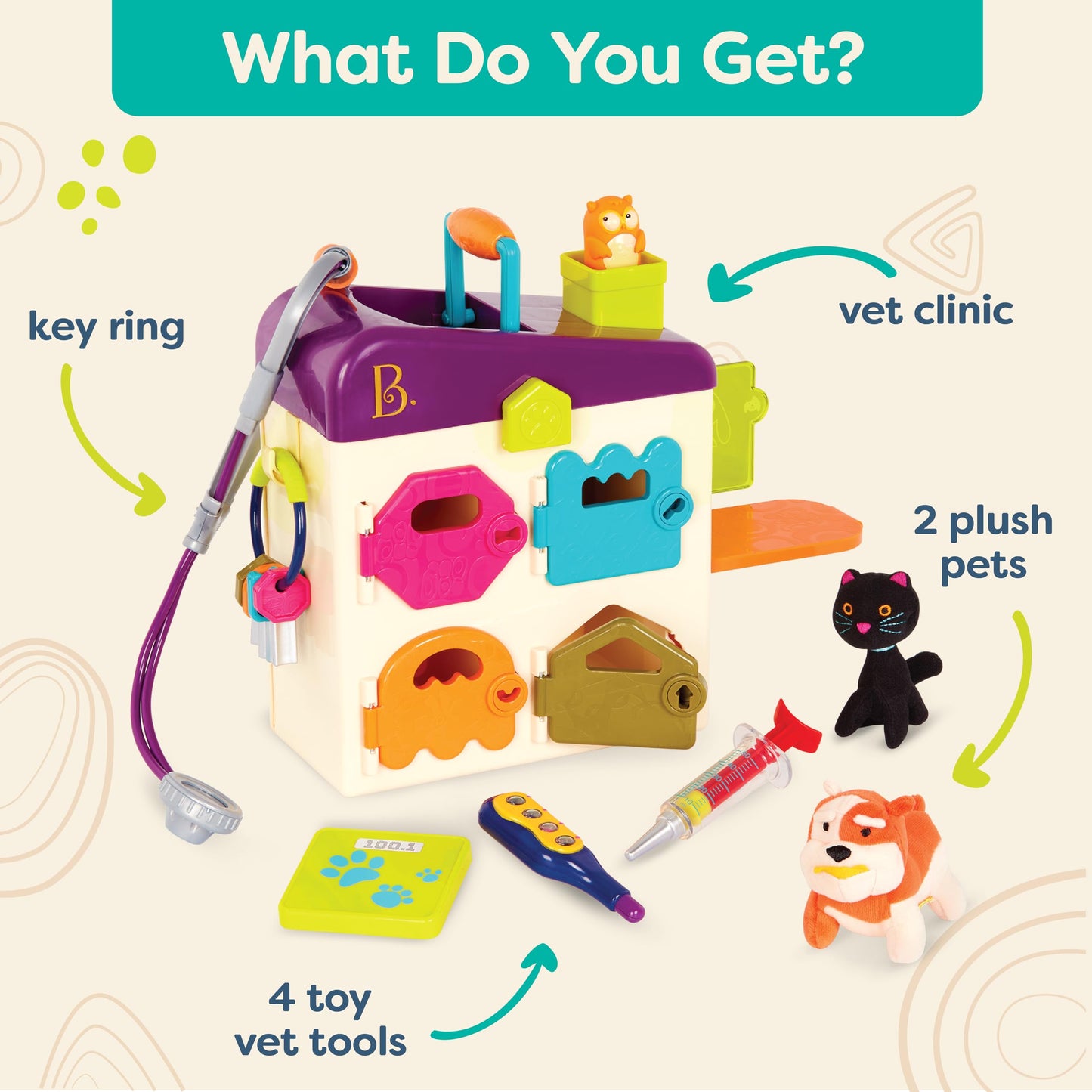 B. toys – Toy Vet Set For Toddlers, Kids – Pet Care – Pretend Play Set – Tools, Plush Toys – 2+ Years