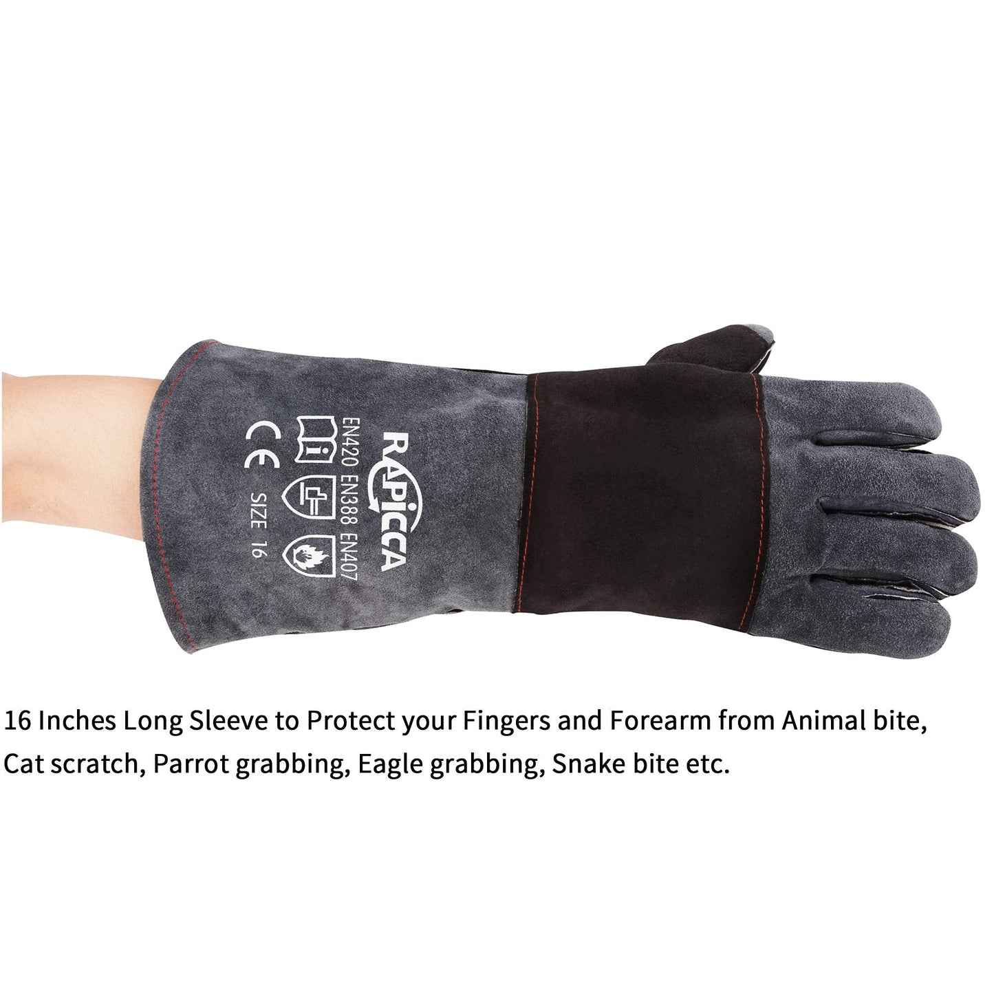 RAPICCA Animal Handling Gloves Bite Proof Reinforced Leather Padding Dog,Cat Scratch,Bird Handling Falcon Gloves Grabbing,Reptile Squirrel Snake Bite 16in/40cm